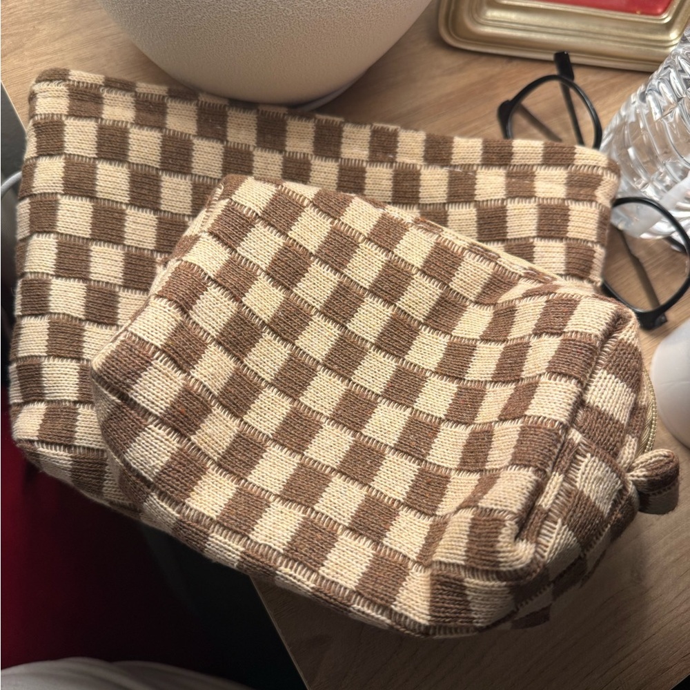 brown checkered cosmetic bags